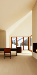 Fototapeta premium Modern interior design featuring a cozy fireplace and stunning snowy mountain view