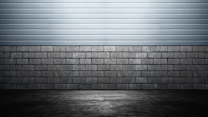 Wall with plastered concrete floor. Abstract pattern of the wall with brick and horizontal ribbed lines