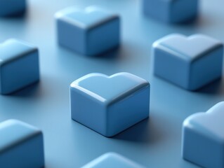 Obraz premium Abstract 3D rendering of multiple light blue heart-shaped cubes on a blue background.