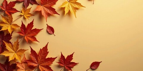 Fototapeta premium Autumnal Foliage Arranged on a Pale Yellow Surface Creates a Festive and Seasonal Design Perfect for Fall Greetings or Decorations
