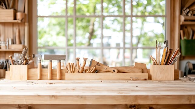 Woodworking tools neatly organized on a workbench in a bright workshop, near a window.