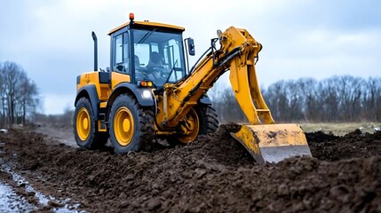 Yellow backhoe excavator digging dirt on a construction site.