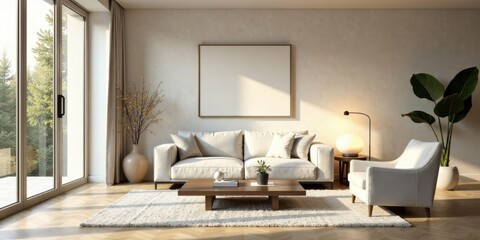 Serene Living Room Interior Design with Modern Sofa, Armchair, and Large Artwork