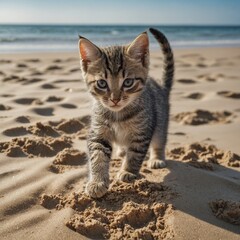Obraz premium A kitten exploring a sandy beach, leaving tiny paw prints in the sand.