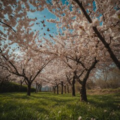 Obraz premium A spring garden full of cherry blossoms and butterflies.