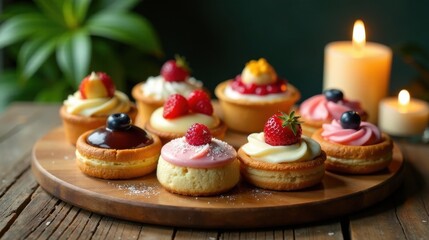 Assorted delectable miniature pastries arranged on a rustic wooden serving board, illuminated by soft candlelight, creating a charming and inviting dessert scene.