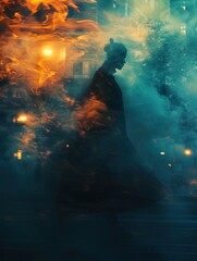 Obraz premium Silhouette of a woman walking through smoky, vibrant city streets at night, with warm and cool light effects.