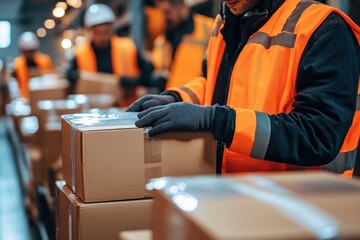 Fototapeta premium Worker in orange vest handles cardboard boxes. Illustrates warehouse logistics and efficient product handling.
