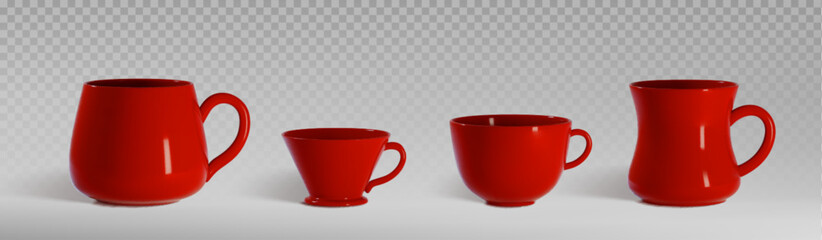 Red coffee cup mockup set of different shapes - wide rounded mug, conical teacup, traditional bowl shaped vessel and curved pitcher. Realistic ceramic drinkware for brand identity presentation.