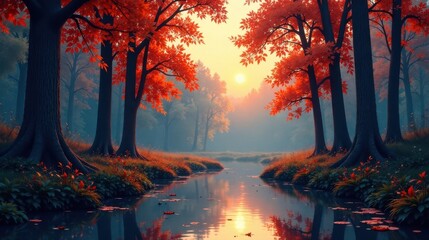 Fototapeta premium Serene Autumnal Stream Reflecting Sunset Glow Amidst Vibrant Red Foliage and Tranquil Forest