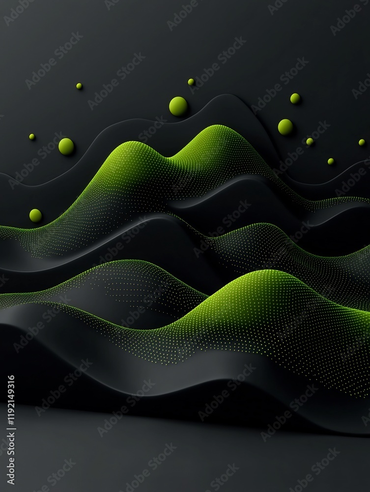 Poster pulsating green undulations on foreboding dark backdrop 3d render
