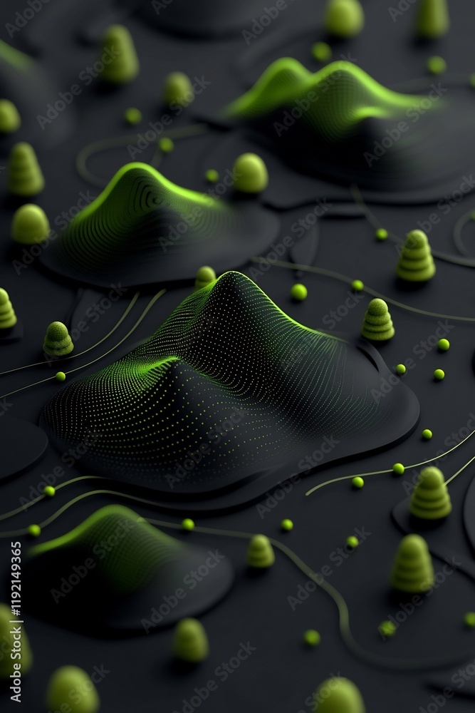 Poster foreboding pulsating patterns contouring otherworldly hillscape in 3d render