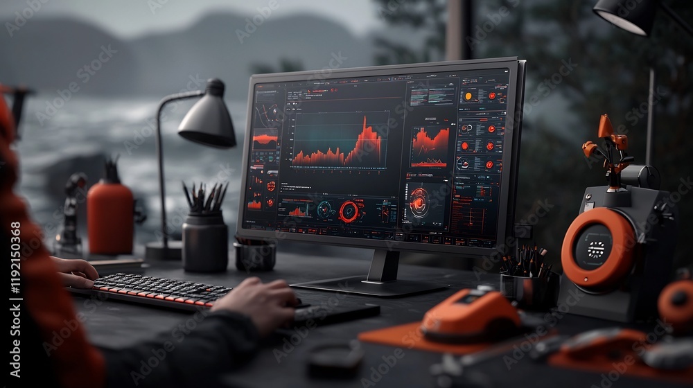 Poster futuristic offshore data analytics workspace cutting edge predictive modeling and dynamic data visua