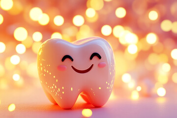 Cute tooth character smiling on a colorful background with bokeh lights, in a cartoon style