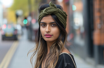 Fototapeta premium Fashionable young woman wearing a green headscarf and stylish outfit, standing on a bustling city street. The background is slightly blurred, highlighting her confident expression and unique style.