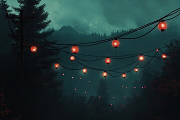 A quiet, mystical night with red lanterns strung across wires, glowing softly against the dark sky, creating a sense of peacefulness and calm.