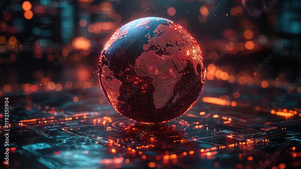 Wall mural digital globe representation with glowing elements.