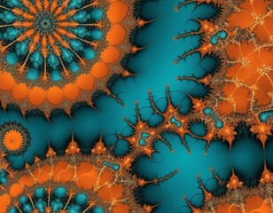 Abstract Fractal Art: Teal and Orange Swirls, Psychedelic Mandala Design, Intricate Geometric...