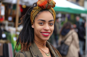 Obraz premium A woman with dreadlocks and a colorful scarf on her head is smiling