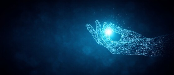 Digital hand hologram signifies neural network connections and AI-driven communication. Generative AI