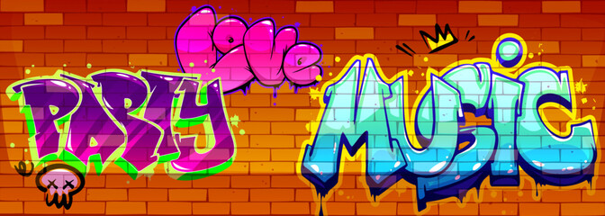 Graffiti cartoon words painted on red brick wall background - text with decorative elements skull, crown, drips. Street art typography with bright outlines, shadow effects. Urban mural design © klyaksun