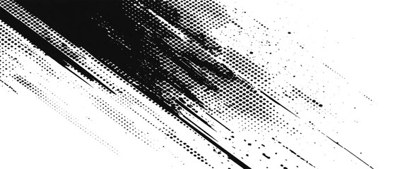 Vector black ink splatter brush stroke on diagonal halftone background.