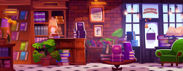 Antique bookstore interior with cozy atmosphere - wooden bookshelves stacked with literature, brick walls decorated by framed pictures, monstera plants in pots,vintage green armchair, table lamps.