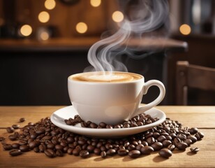 Obraz premium Aromatic Coffee Cup with Steaming Latte Art and Roasted Beans on Wooden Table