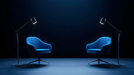 Intimate conversation setting modern studio interior design cozy ambiance symmetrical view dialogue inspiration