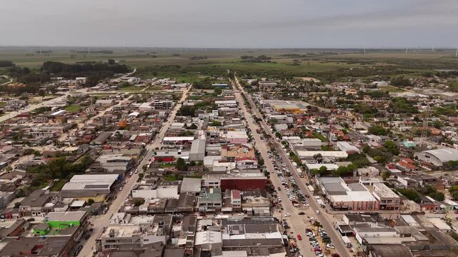 Main road of Chui, border town in Rio Grande do Sul, Brazil, with Uruguay, aerial shot