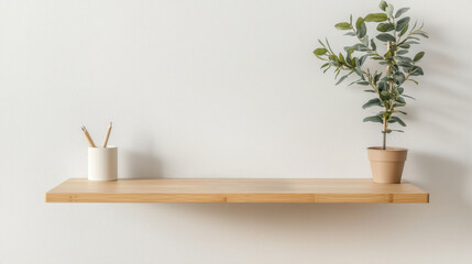 Fototapeta premium Bamboo Eco-Friendly Minimalist Interior Design. Wooden shelf with plants and utensils on a minimalist wall.