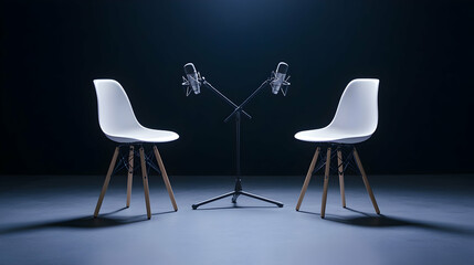 Engaging podcast discussion between two hosts studio setting audio session minimalist environment front view conversational dynamics