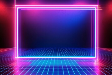Fototapeta premium An empty frame surrounded by a futuristic grid pattern illuminated in neon hues of cyan and magenta.