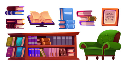 Library furniture set isolated on white background. Vector cartoon illustration of old paper books, piles of literature and textbooks on wooden shelf, cozy armchair, picture frame, bookstore interior