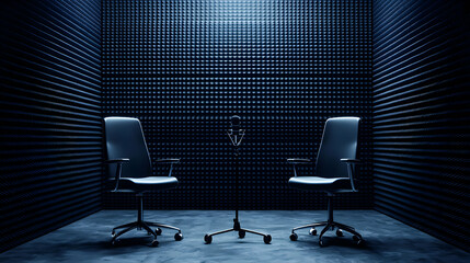Intense interview setting with two chairs and microphone dark studio photography minimalist front view professionalism