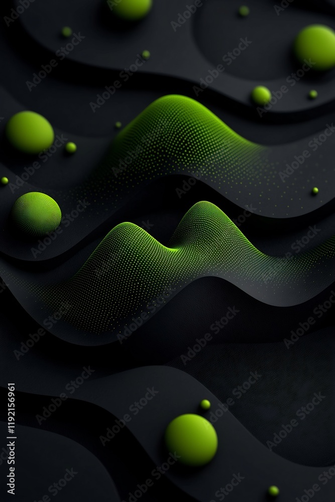 Poster foreboding geometric landscape with pulsating green patterns on dark 3d render