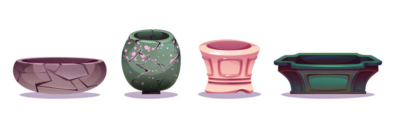 Japanese pottery vessels set - stylized ceramic bowls with cracked texture, pink splatters pattern, geometric shapes and minimalist design. Traditional oriental containers for decorative plants.