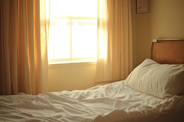 Fototapeta premium An empty hospital bed bathed in a soft, warm glow, suggesting rest and recovery
