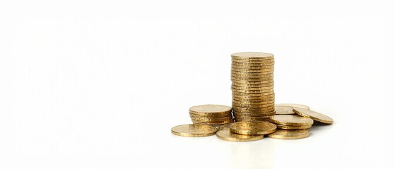 Shiny coins stack up on a white background for a financial-themed visual. Generative AI