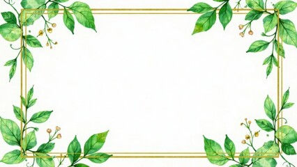 Fototapeta premium Elegant Golden Frame with Lush Green Foliage and Delicate Blossoms Perfect for Invitations, Announcements, or Decorative Purposes