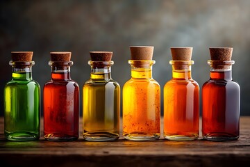 Elegant Arrangement of Spice-Infused Glass Bottles with Olive Oil and Vinegar on Rustic Wooden Tabletop