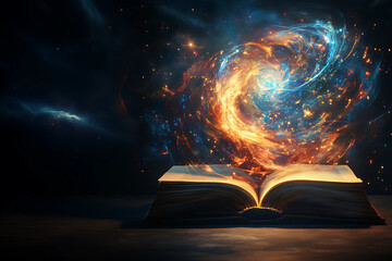 A captivating 3D illustration of an open book radiating a vibrant cosmic energy swirl.
