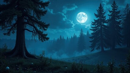Serene Nighttime Forest Scene Under a Full Moon's Glow, Misty Meadow, Silhouetted Trees