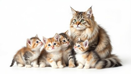 Adorable Siberian Cat Family: Mother and Kittens in a Tender Studio Portrait