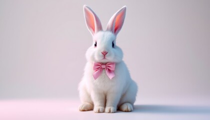Obraz premium Adorable White Bunny in Pink Bowtie: Gentle Pastel Portrait
