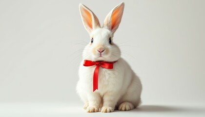 Obraz premium Adorable White Bunny with Red Bow: A Gentle, Studio Portrait