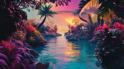 Sunset serenity tropical paradise river nature landscape lush environment tranquil viewpoint