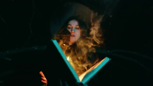 Witch reading a magic book, surrounded by swirling orange light and ethereal smoke in a dark forest, creating an enchanting and mysterious atmosphere filled with intrigue