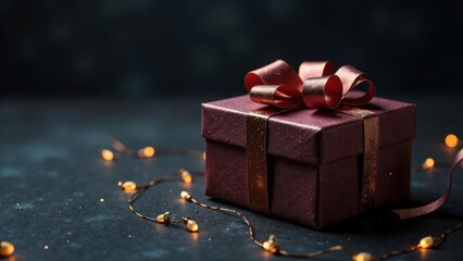 A Beautifully Wrapped Gift Box with Festive Lights on a Dark Surface