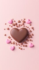 Obraz premium Heart-shaped chocolate assortment, surrounded by small decorative hearts, vibrant and playful composition, suitable for Valentine's marketing material